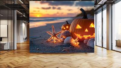 Halloween on a beach. Pumpkins, starfish and seashells on the seashore at sunset.  Wall mural